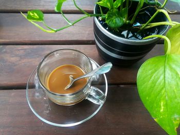 High angle view of drink on table