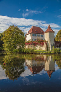 Plants by lake and building against sky
