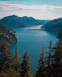 Scenic view of sea and mountains against sky