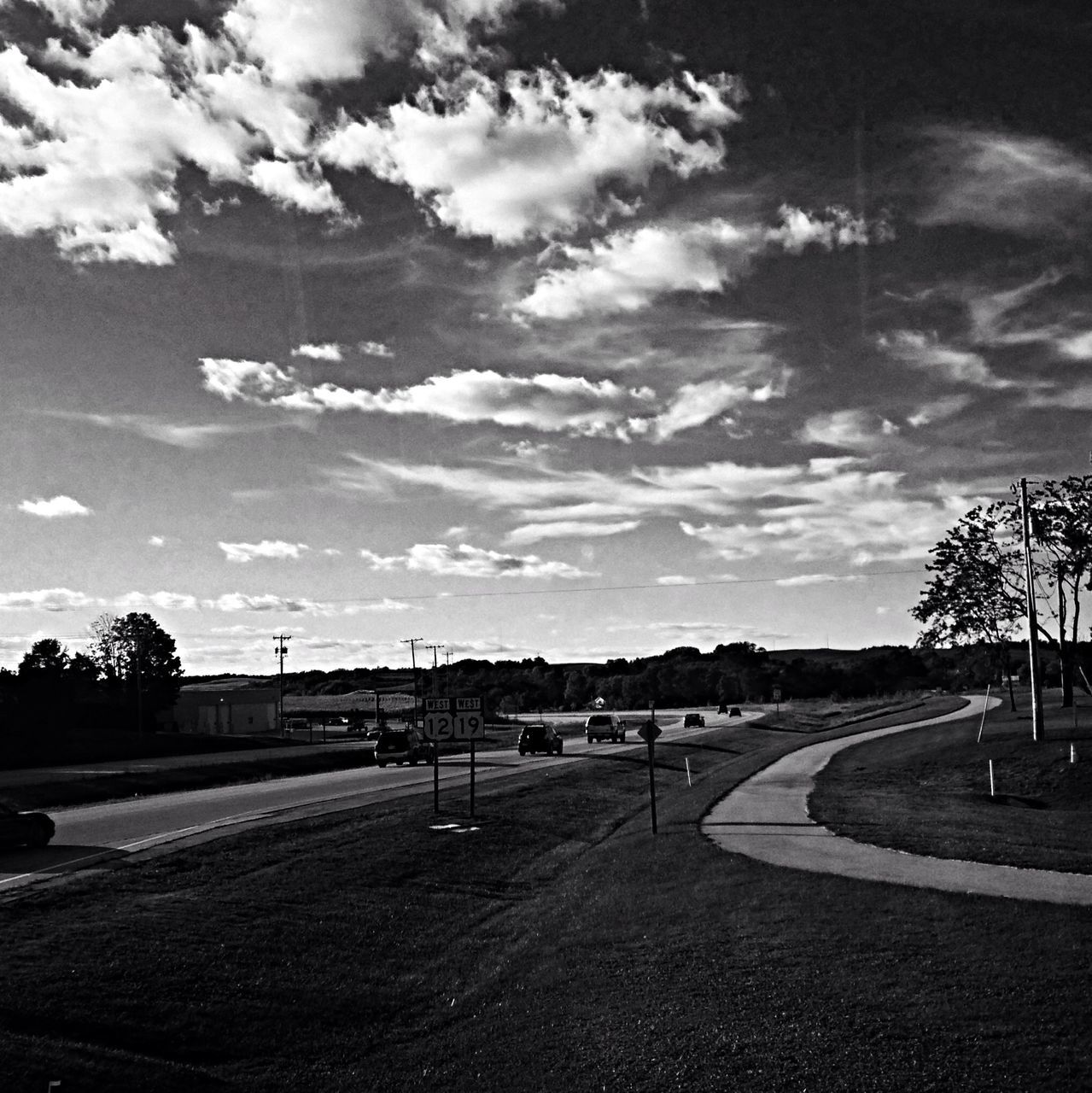 sky, the way forward, road, cloud - sky, landscape, tranquil scene, tranquility, cloudy, transportation, road marking, cloud, country road, diminishing perspective, scenics, empty, tree, nature, street, empty road, vanishing point