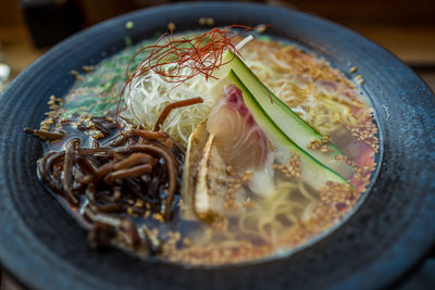 High angle view of soup served indoors