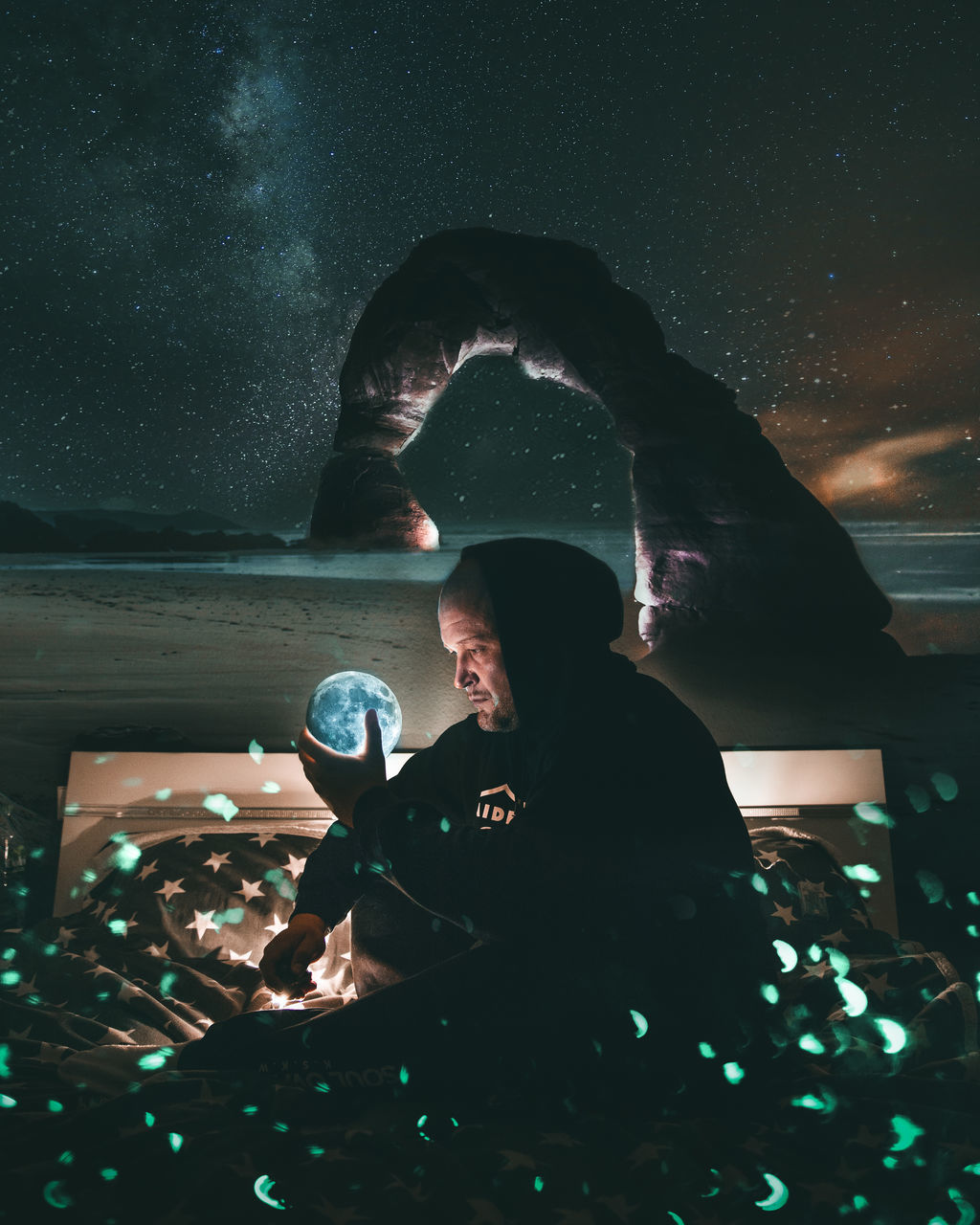 one person, night, real people, lifestyles, men, nature, illuminated, leisure activity, star - space, three quarter length, water, front view, indoors, sea, sky, waist up, land, digital composite, bonfire