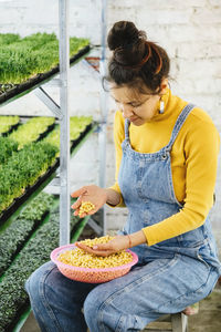 Woman choose seeds for planting  microgreens on  vertical indoor farm. planting seeds germination