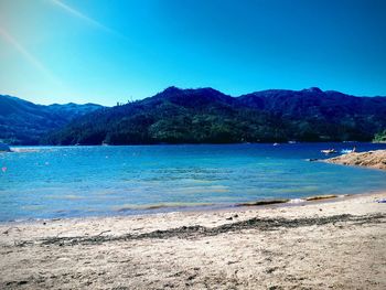 Scenic view of sea against clear blue sky