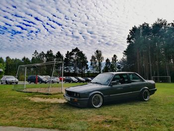 Vintage car on road by trees against sky