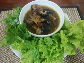 High angle view of soup in bowl on table