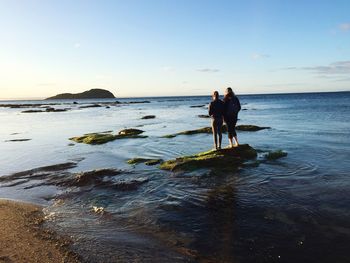 Rear view of friends standing on rock at beach