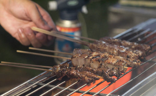 Close-up of meat on barbecue grill