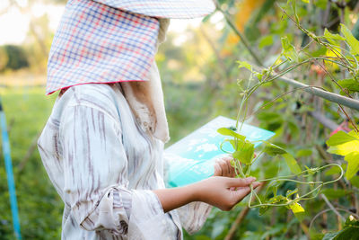 Female farmer using digital tablet while standing amidst plants