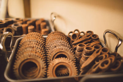 High angle view of rusty hand tools in box