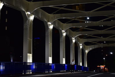 Night lights at a bridge in tokyo if observed, will see a man walking. 