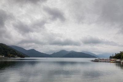 Scenic view of lake against cloudy sky