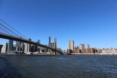 Bridge over river by buildings in city against clear blue sky