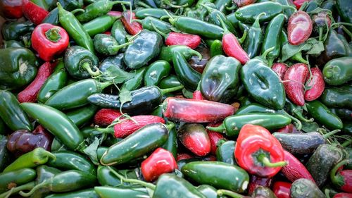Full frame shot of jalapeno peppers for sale at market