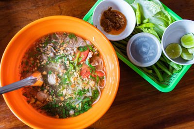 High angle view of food in bowl on table