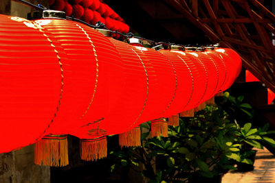 Close-up of lanterns hanging on roof