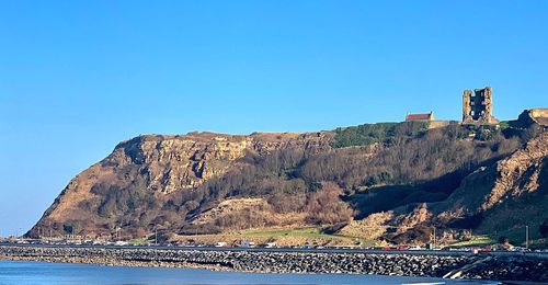 Scenic view of sea and mountain against blue sky