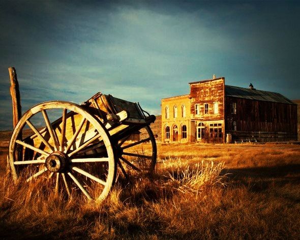 transportation, land vehicle, sky, field, architecture, wheel, building exterior, mode of transport, built structure, grass, bicycle, abandoned, house, old, stationary, cloud - sky, rural scene, outdoors, landscape, day