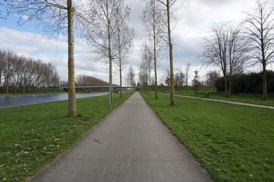 Road amidst bare trees against sky