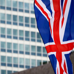 Close-up of british flag against building