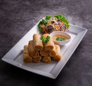 High angle view of food in plate on table