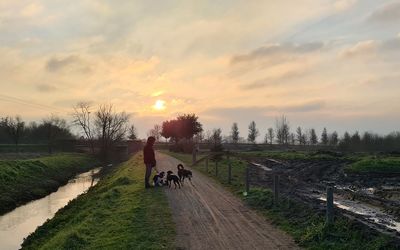 People riding horse on road amidst field against sky