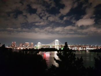 Illuminated city at waterfront against cloudy sky