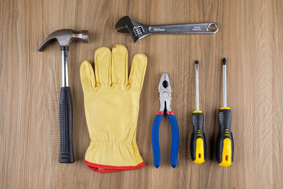 High angle view of various objects on table