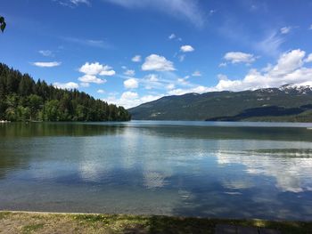 Scenic view of lake and mountains against sky