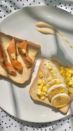 High angle view of breakfast served on table