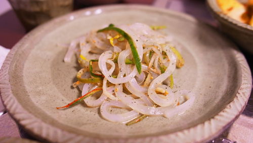 Close-up of pasta in plate on table