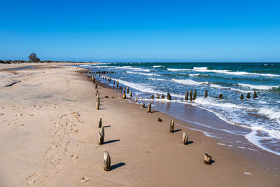 Panoramic view of beach against clear blue sky