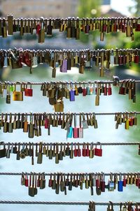 Close-up of padlocks hanging in row