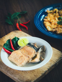 High angle view of fish in plate on table