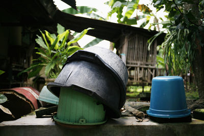 Close-up of bucket stack in yard