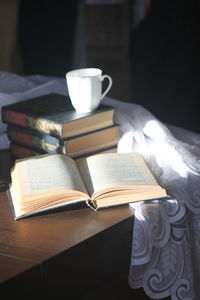 High angle view of coffee cup on table