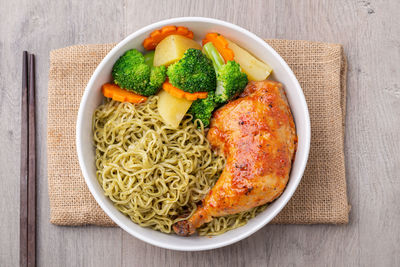 High angle view of salad in bowl on table