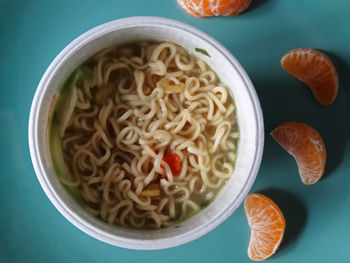High angle view of noodles in bowl on table