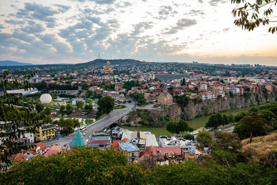 High angle shot of townscape against sky