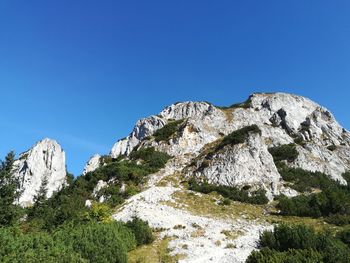 Low angle view of rock formation against clear blue sky