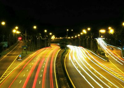 Light trails on road at night