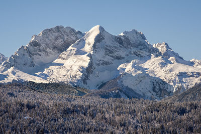 Scenic view of snowcapped mountains against clear sky