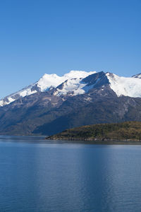 Scenic view of snowcapped mountains against clear blue sky