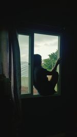 Silhouette of cat looking through window