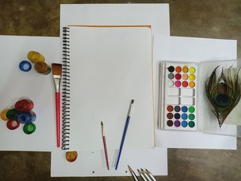 High angle view of multi colored pencils on table