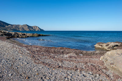 Scenic view of sea against clear blue sky