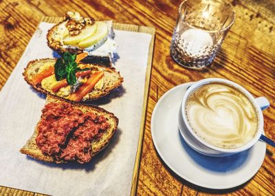 High angle view of food served on table