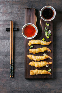 High angle view of various food on table