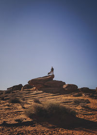 A man with a dog is standing near horseshoe bend, arizona