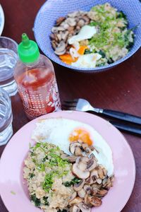 High angle view of food served on table